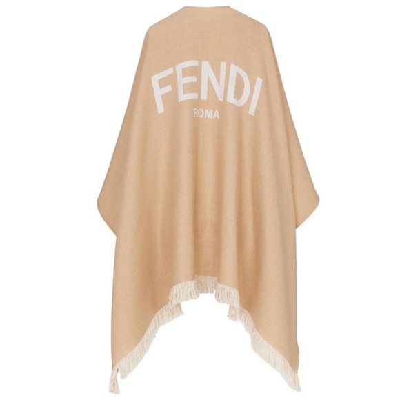 FENDI logo intarsia fringed wool poncho cape wrap - Picture 1 of 10